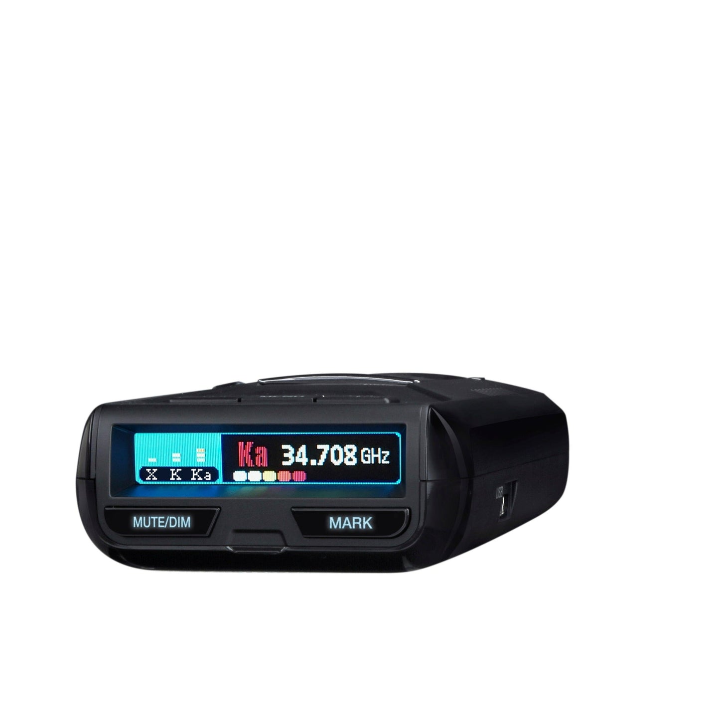 Uniden R3 radar detector front angled zoom view on white background with screen turned on