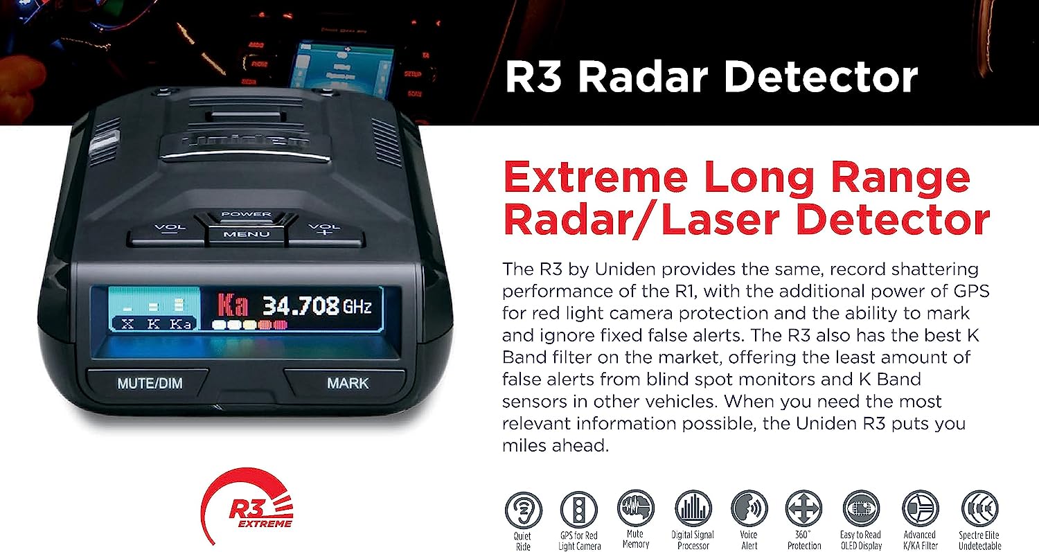 Uniden R3 radar detector front view with feature icons and product description text displayed to the right
