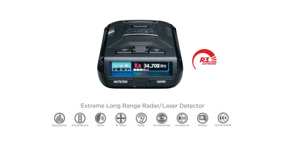 Uniden R3 radar detector front view on white background with feature icons displayed below the product