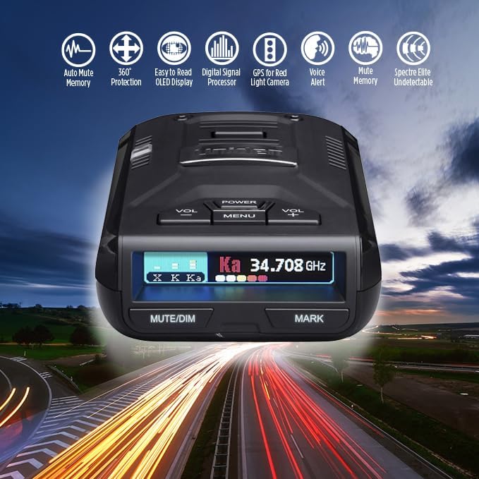 Uniden R3 radar detector front view with screen on, feature icons above, and night road lights resembling fast cars