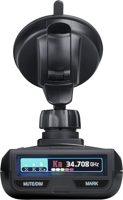 Uniden R3 radar detector front zoomed view with screen turned on showing active display