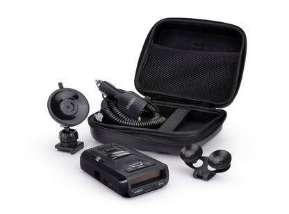 Uniden R3 radar detector full package with carrying case, power cord, and dual and premium suction cup mounts