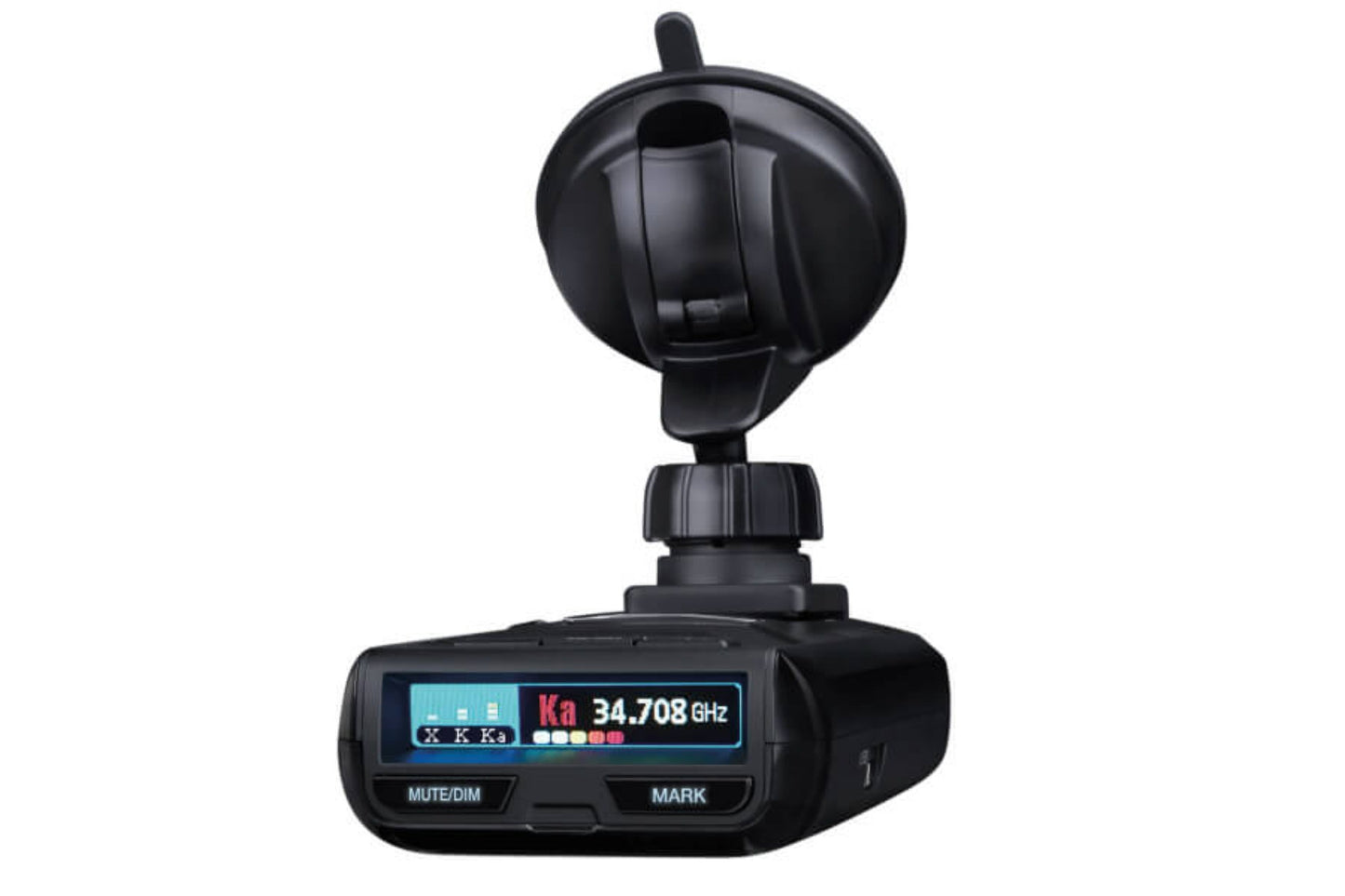 Uniden R3 radar detector top front left angled view on white background with premium suction cup and screen turned on