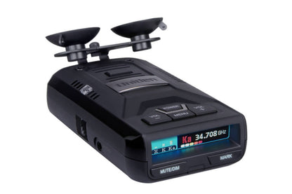 Uniden R3 radar detector top front right angled view on white background with dual suction cup and screen turned on