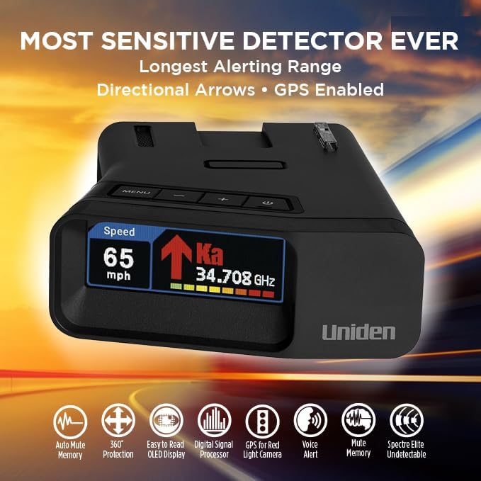 Uniden R7 most sensitive radar detector featuring directional arrows for precise threat awareness