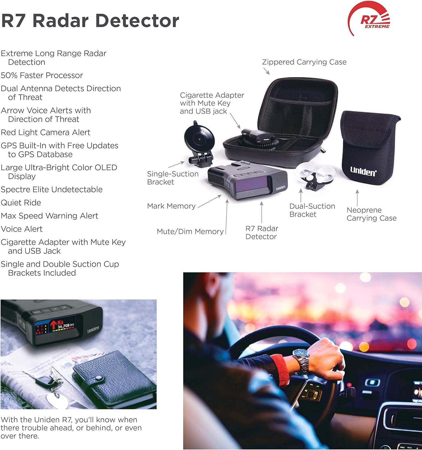 Uniden R7 radar detector feature list highlighting performance, range, and GPS technology