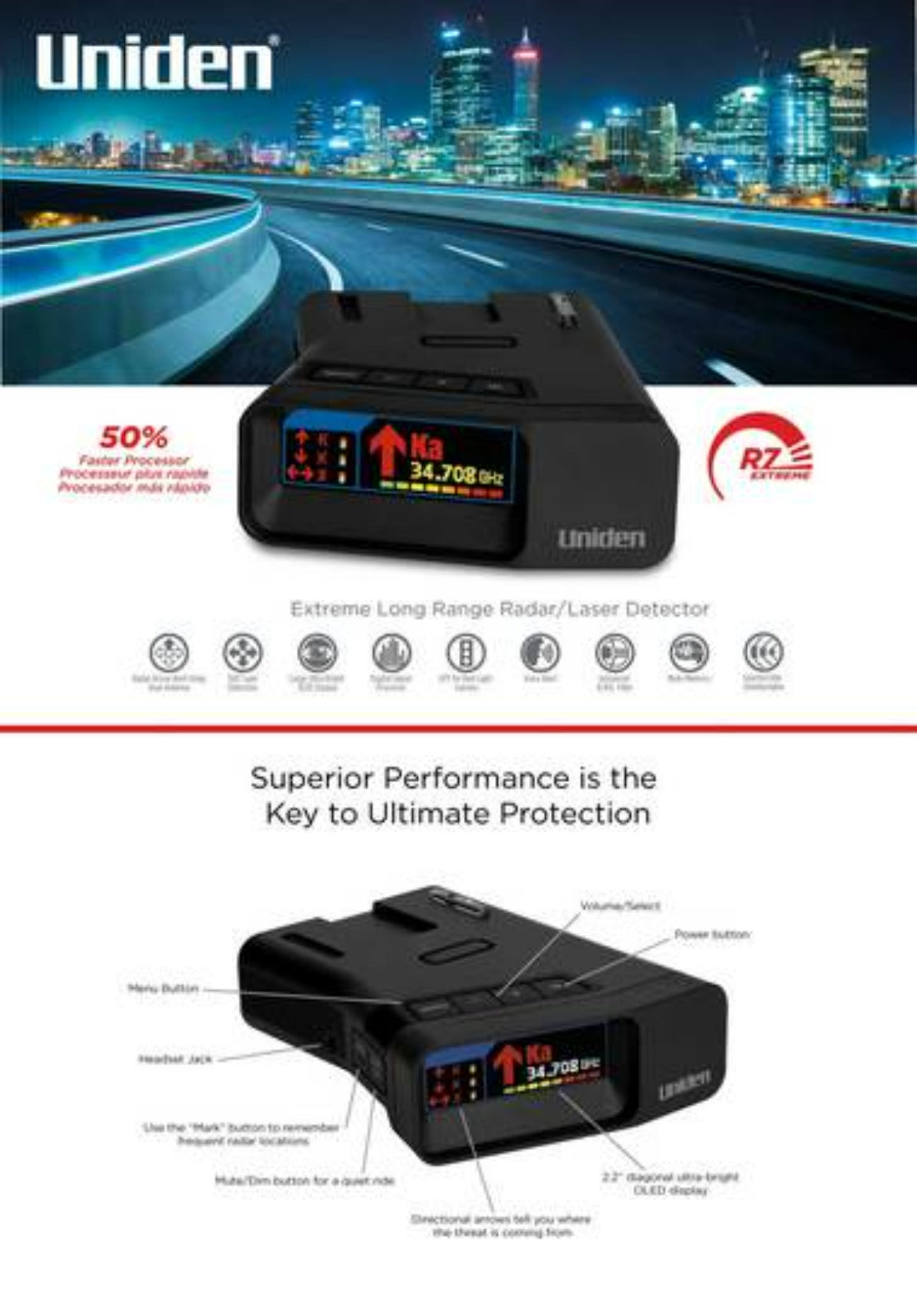 Uniden R7 radar detector promotional flyer highlighting key performance features