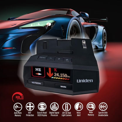 Uniden R8 radar detector top front view with screen on, feature icons below, and sports car in the background