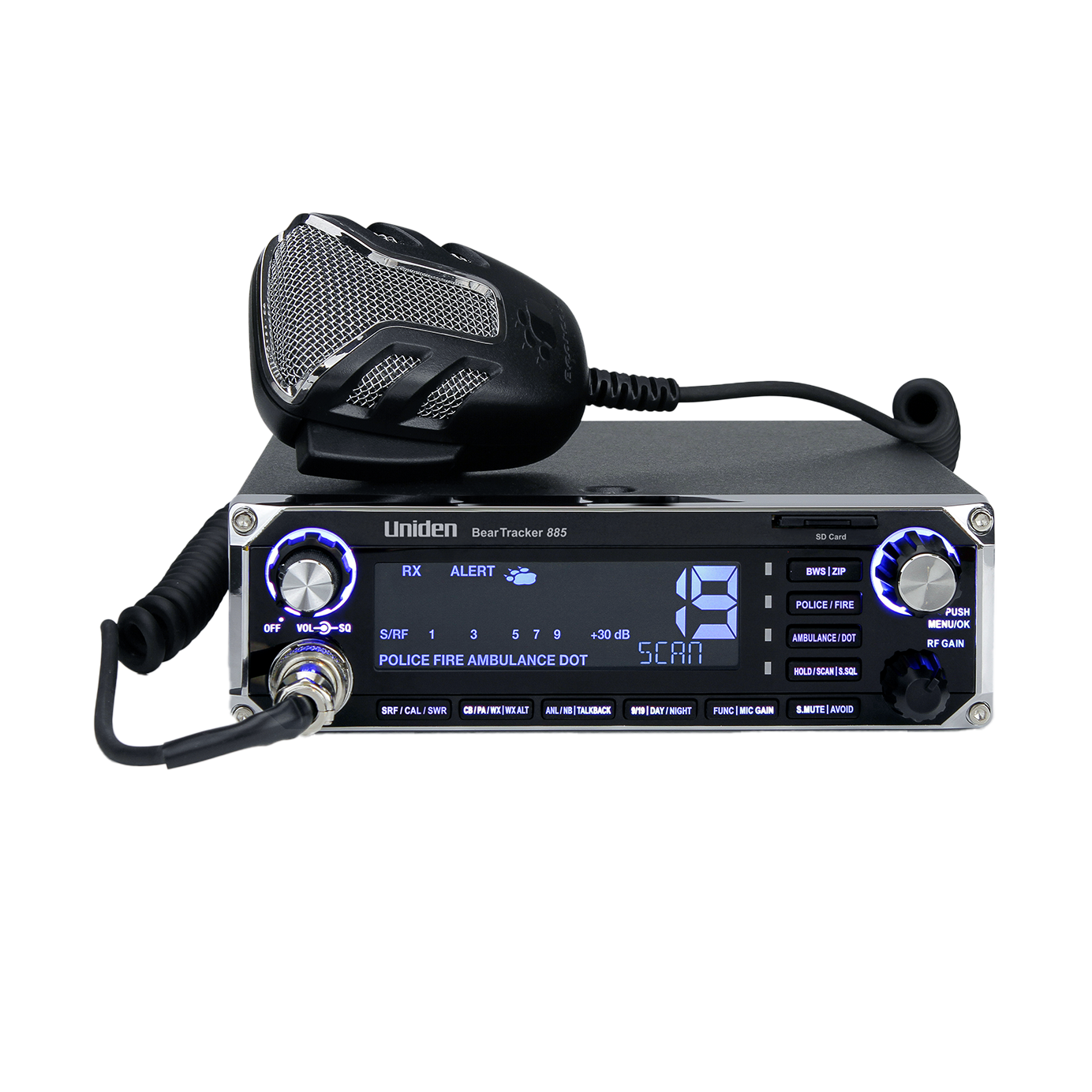 Uniden BearTracker 885 radar detector front facing with screen on