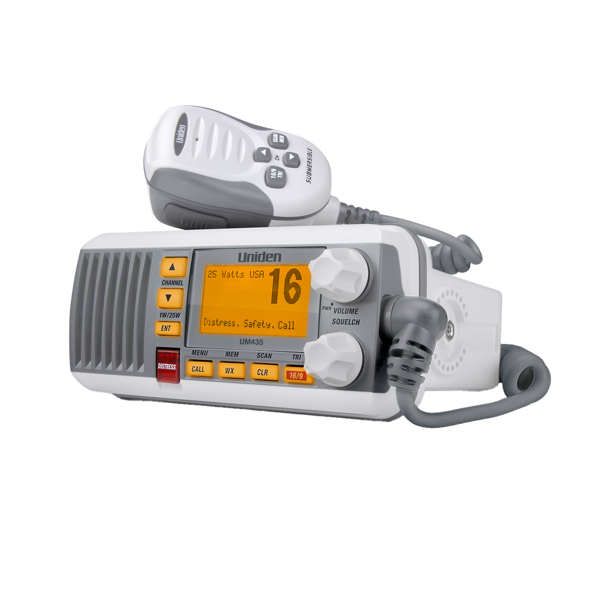 A Uniden marine radio with a digital display and control buttons, in white and grey colors.