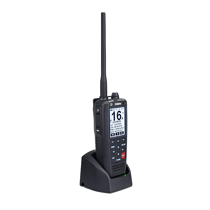 Left angled front view of Uniden MHS338BT handheld marine radio with screen on sitting on charger
