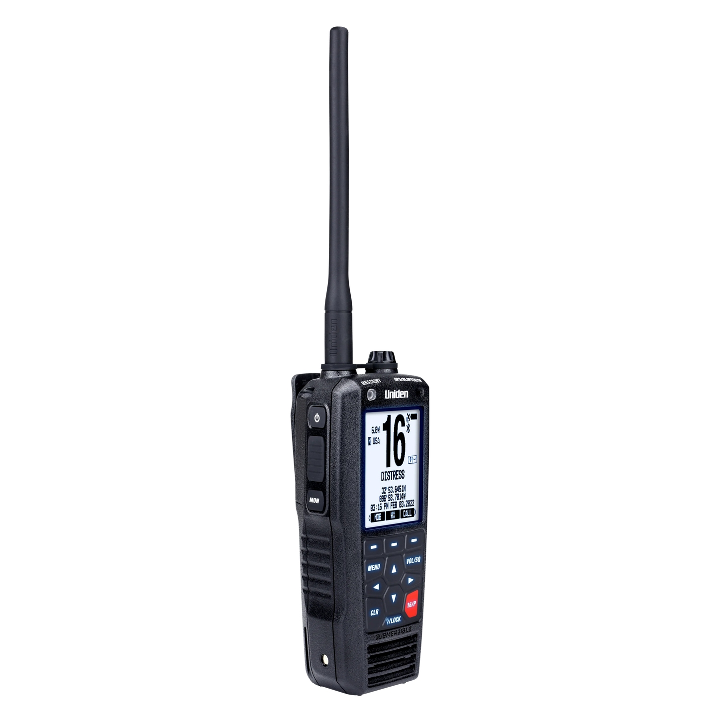 Left angled front view of Uniden MHS338BT handheld marine radio with screen illuminated white screen