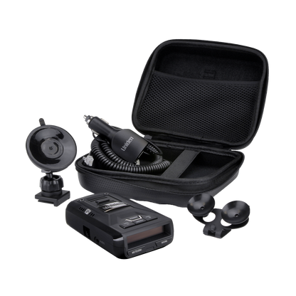 Uniden R3 radar detector with carrying case, dual and single suction mounts, and 12V power cord