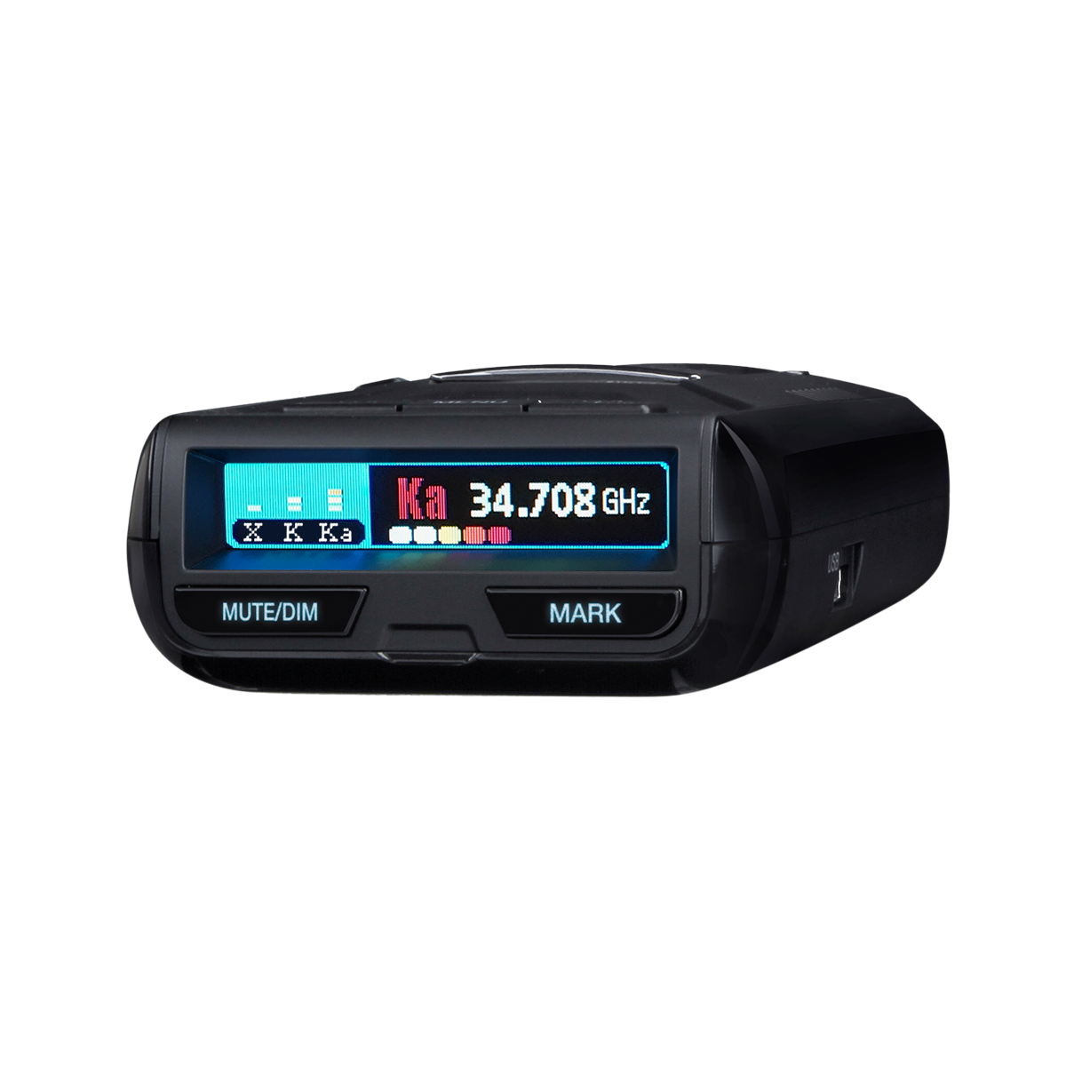 Uniden R3 radar detector angled view with screen turned on and active display