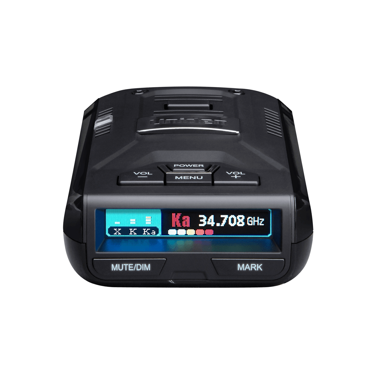 Uniden R3 radar detector front view showing active display screen