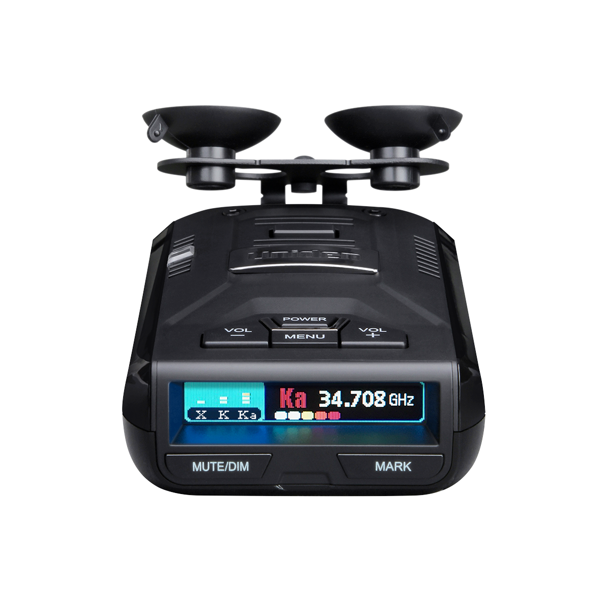 Uniden R3 radar detector front top view with screen on and dual suction cup mount attached