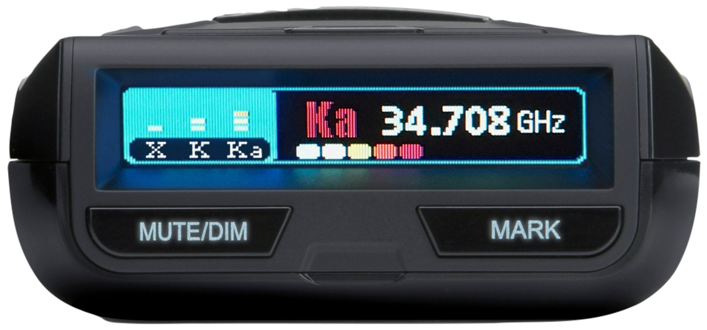 Uniden R3 Extreme Long Range Laser Radar Detector with GPS front zoomed view with screen turned on showing active display