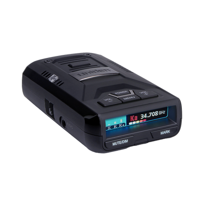 Uniden R3 radar detector top angled view showing screen turned on with active display