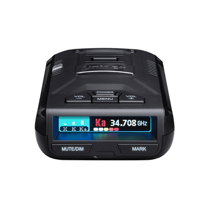 Uniden R3 radar detector top front zoomed view showing detailed design and display