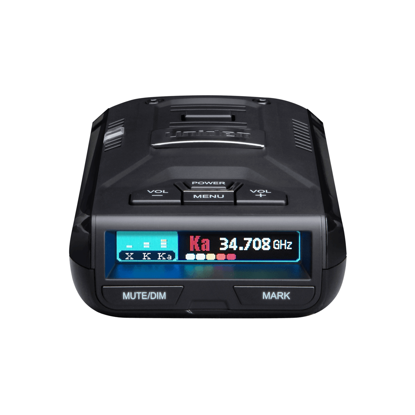 Uniden R3 radar detector top front zoomed view showing detailed design and display