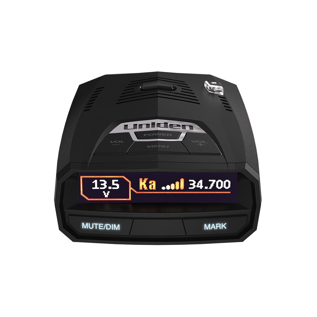 Uniden R4w radar detector with front centered screen shown on a clean background
