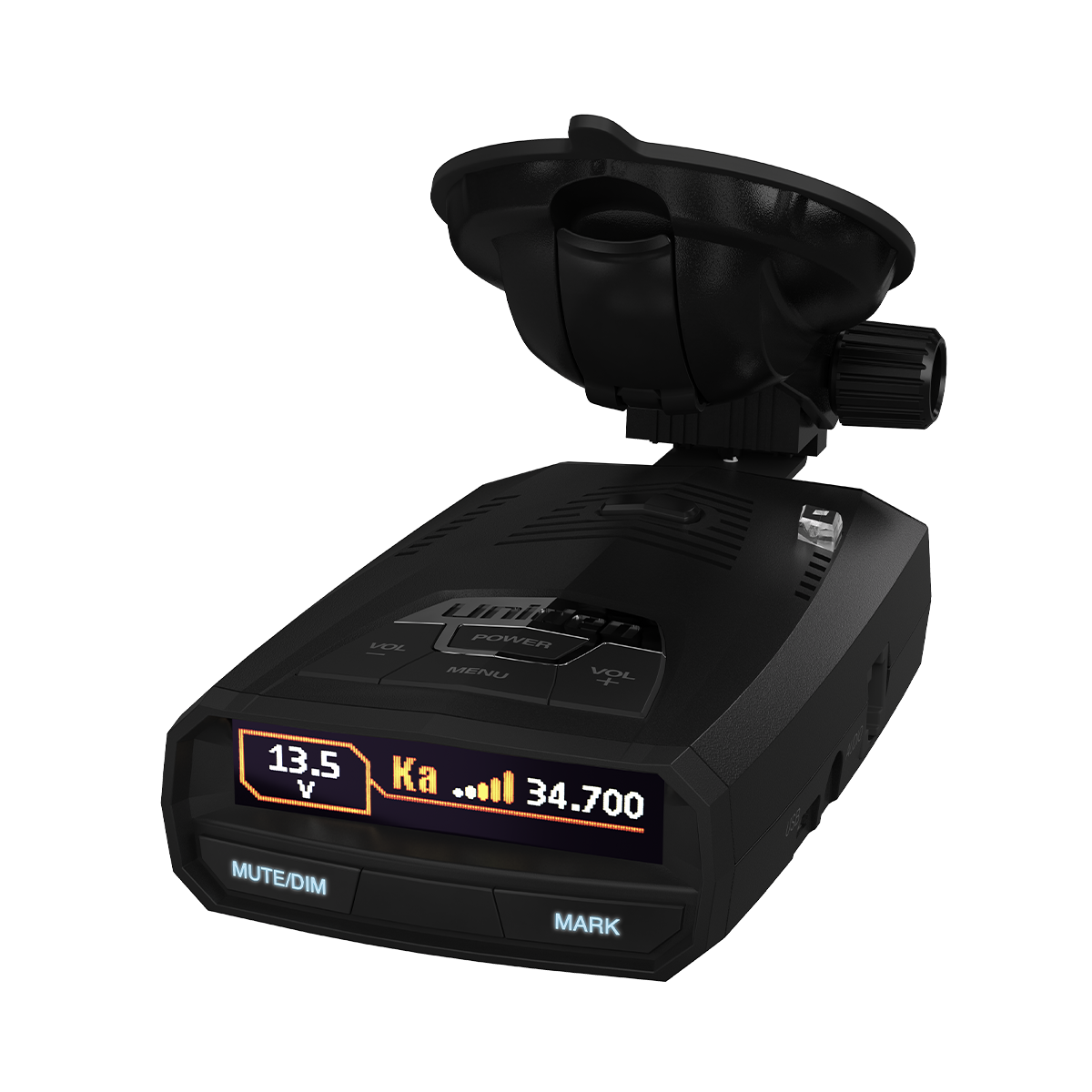 Uniden R4w left-tilted front view with screen on and premium suction cup