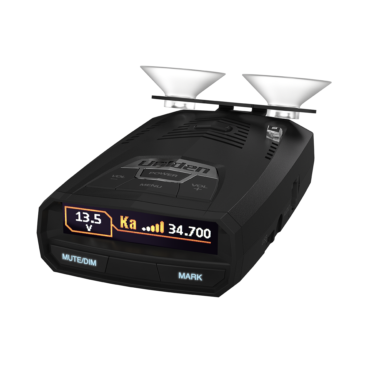 Uniden R4w left-tilted front view with screen active and regular suction cup