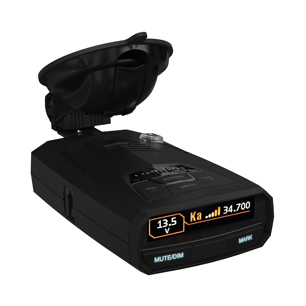 Uniden R4w right-tilted front view with screen on and premium suction cup