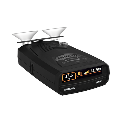 Uniden R4w right-tilted front view with screen active and regular suction cup