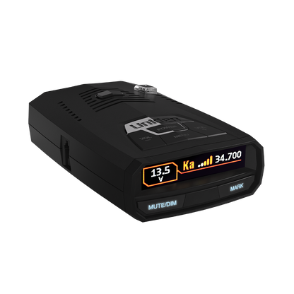 Uniden R4w front view tilted right with screen active and visible