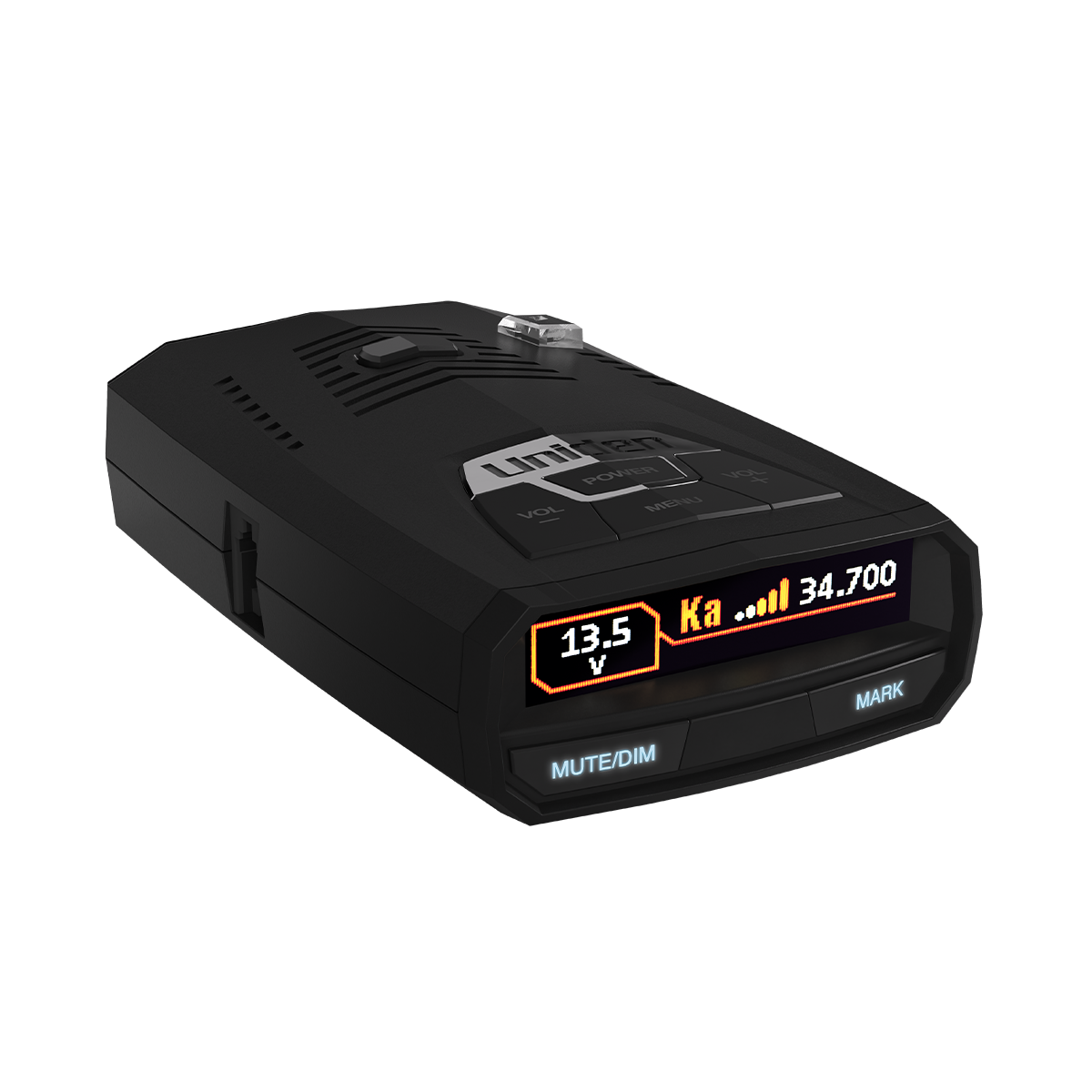 Uniden R4w front view tilted right with screen active and visible