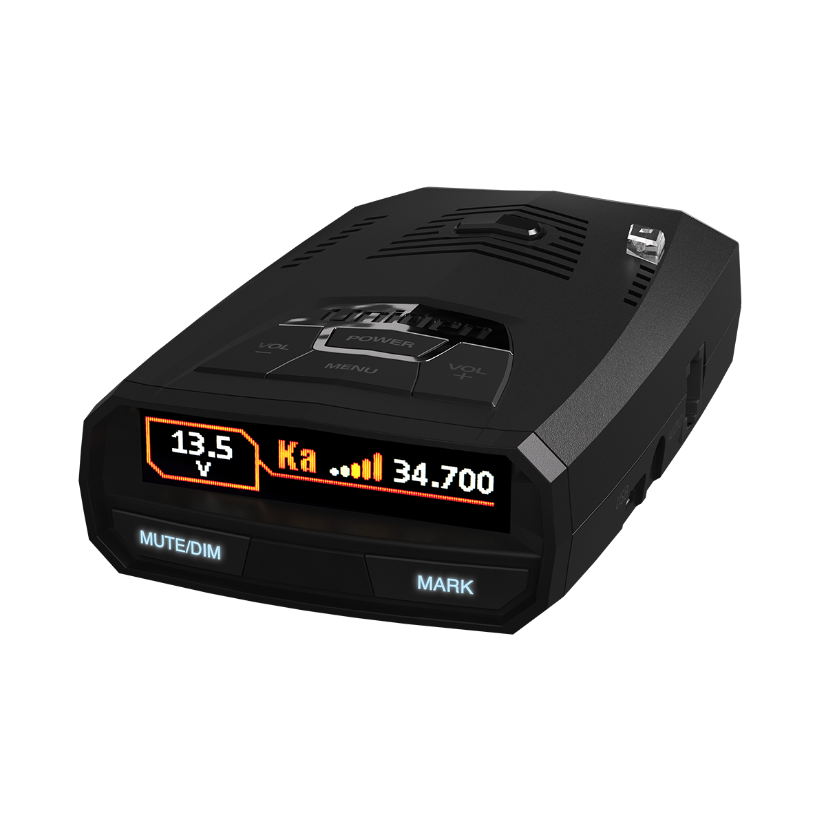 Left-angled Uniden R4w front close-up showing screen details clearly