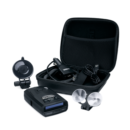 Uniden R4w with case, charger cables, and suction cups displayed on clean background