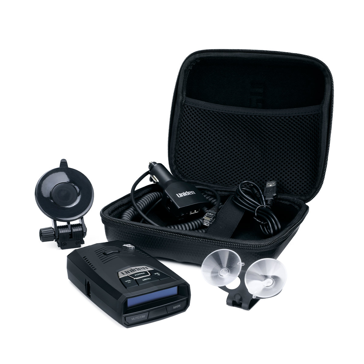 Uniden R4w with case, charger cables, and suction cups displayed on clean background