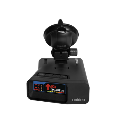 Uniden R7 radar detector top front view with screen on premium cup mount