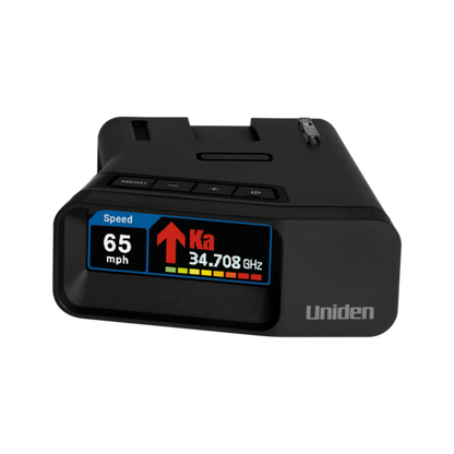 Uniden R7 radar detector front centered screen closeup with display on