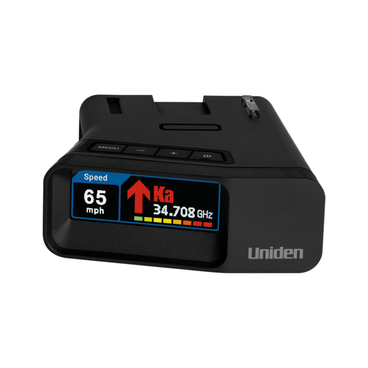 Uniden R7 radar detector front view with centered screen on display