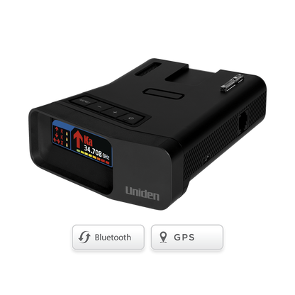 Uniden R7 radar detector shown from front left angle with screen on