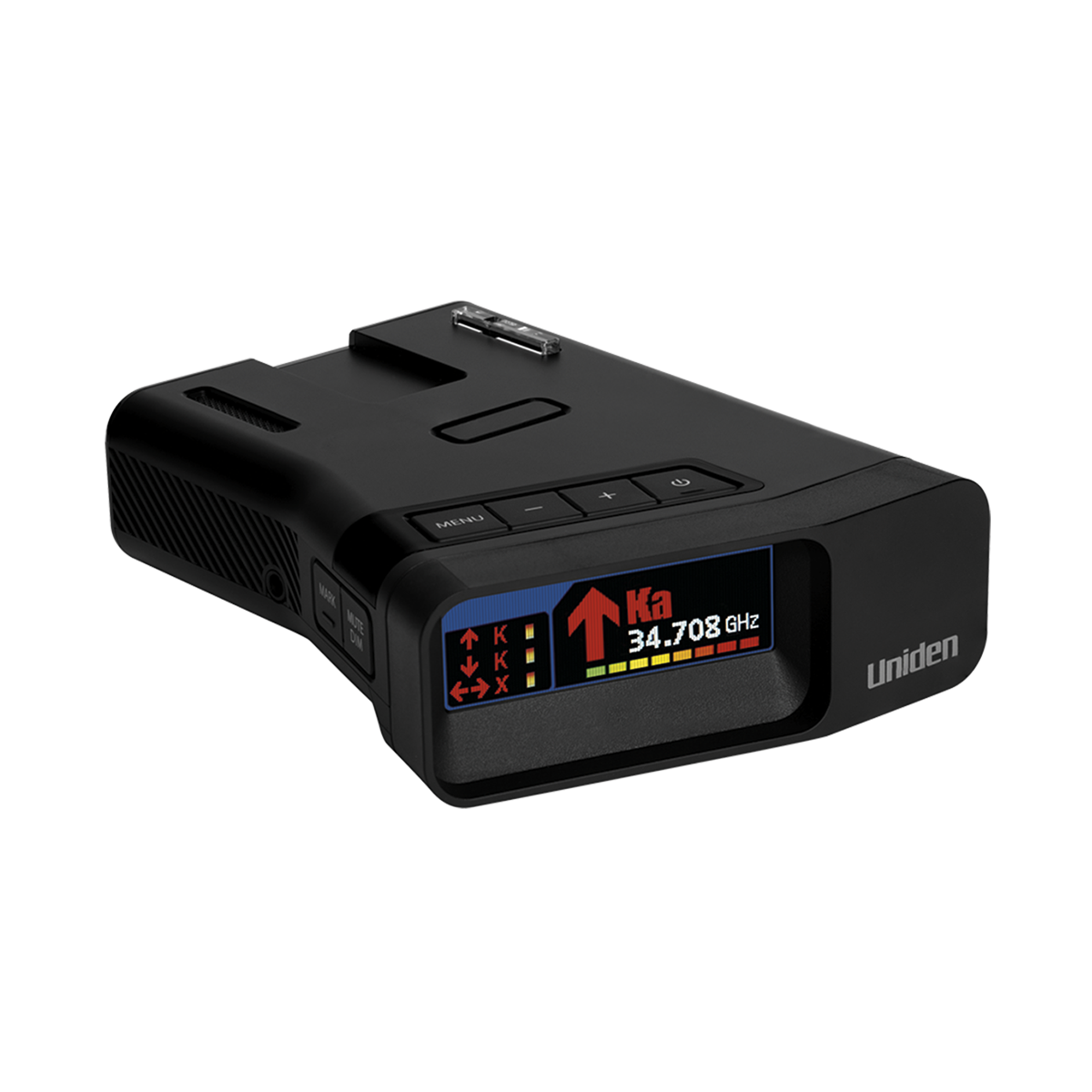 Uniden R7 radar detector shown from front right angle with screen on