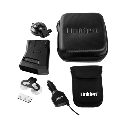 Uniden R7 radar detector in box contents shown from top view