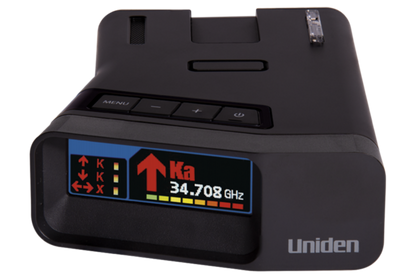 Uniden R7 Extreme Long Range Radar Detector with GPS & Threat Detection top front centered screen closeup with display on