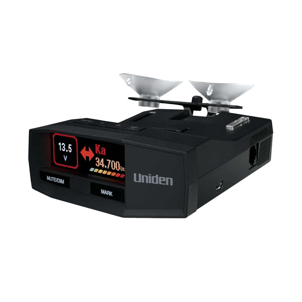 Uniden R8 radar detector front left angled view with screen on and dual suction cup mount attached