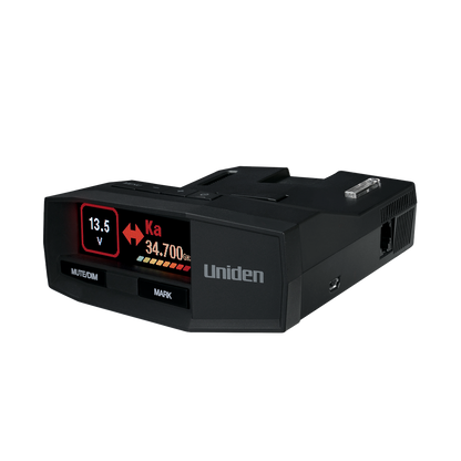 Uniden R8 radar detector front left angled view with screen turned on showing active display