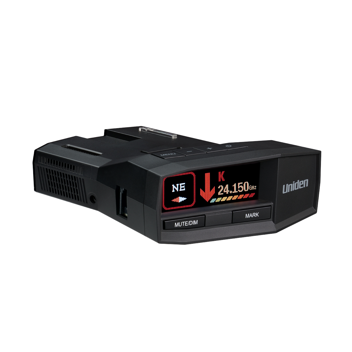 Uniden R8 radar detector front right angled view with screen turned on showing active display