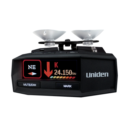 Uniden R8 radar detector front zoomed view with screen on and dual suction cup mount attached