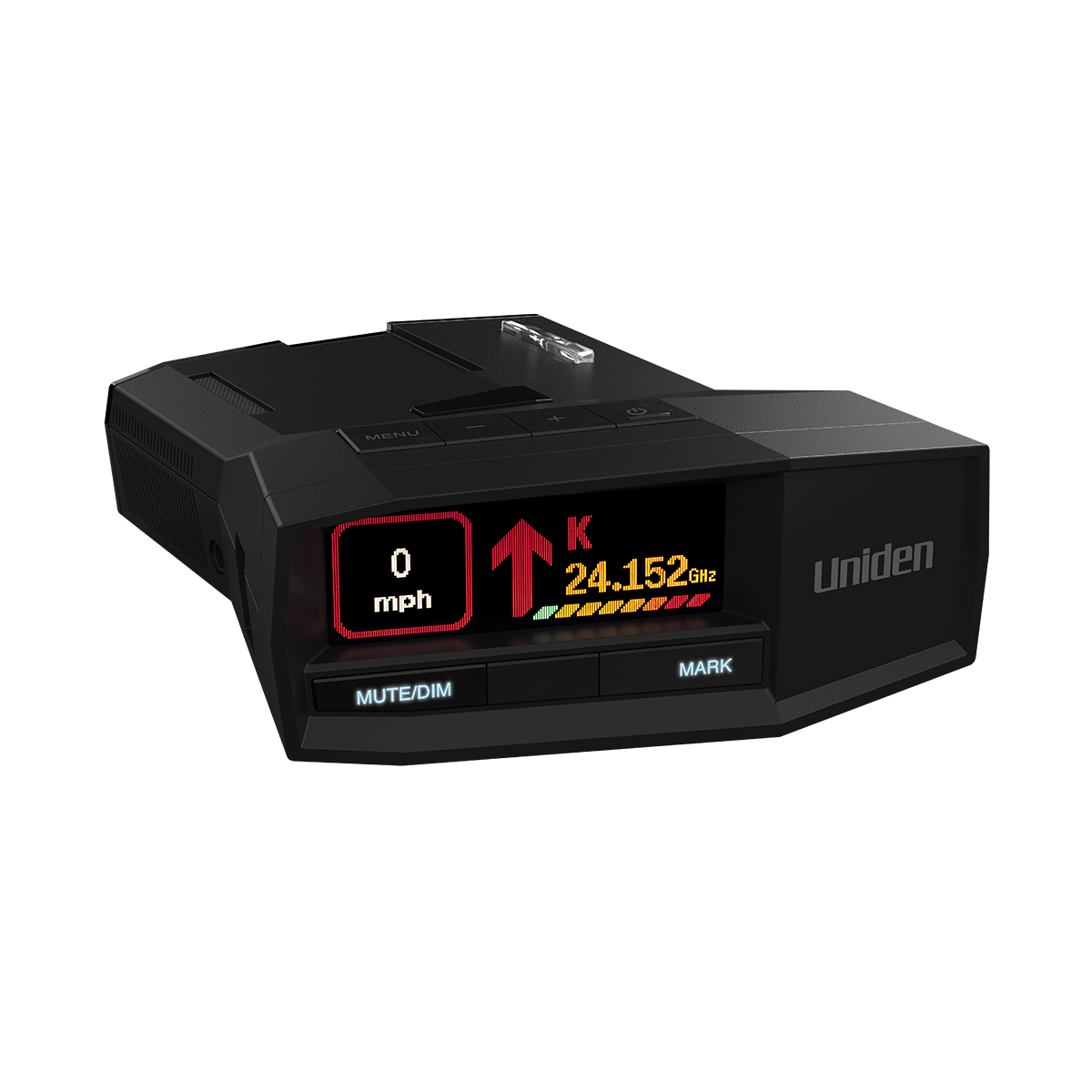 Uniden R8W radar detector front right angle close-up with screen on and no background