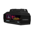 Uniden R8W radar detector, front view with screen on, isolated