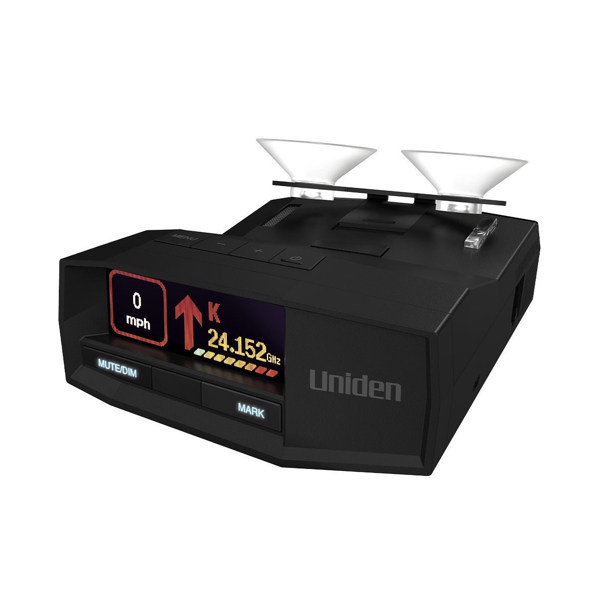 Uniden R8W radar detector top front left angle with dual suction cups and screen on