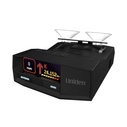 Uniden R8W radar detector top front left angle with dual suction cups and screen on
