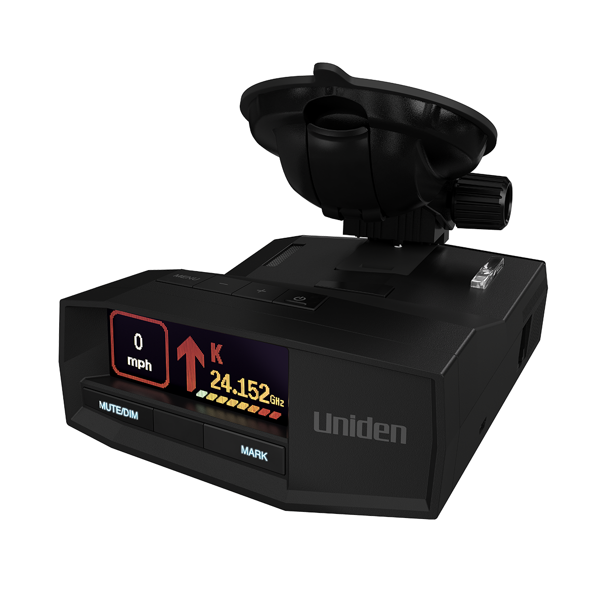 Uniden R8W radar detector top front left angle with premium suction cup and screen on